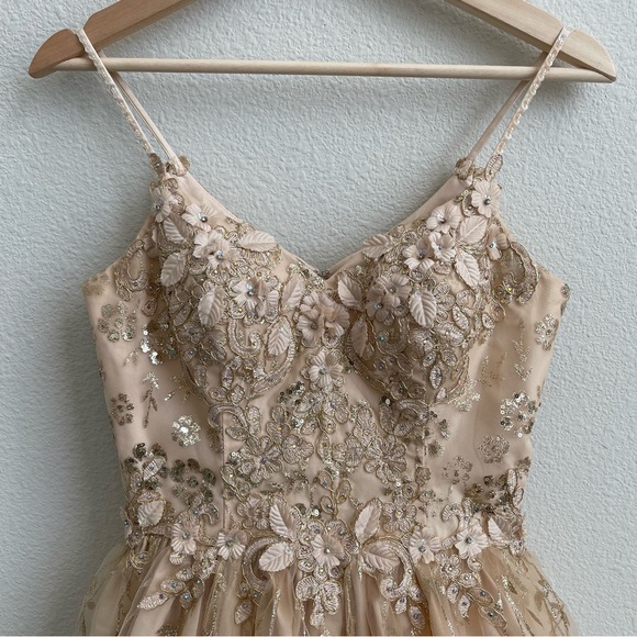 DANCING QUEEN Gold Beige Floral Glitter Tinker Bell Fairy Princess Tulle Dress - Picture 2 of 13